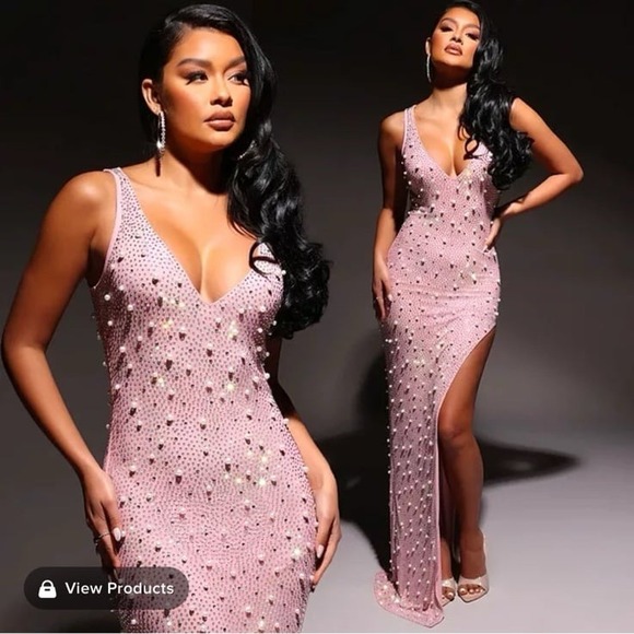 Fashion Nova Dresses & Skirts - Nova Luxe Diana Pink V Neck Beaded Luxury Sexy Embellished Gown Dress Sheer